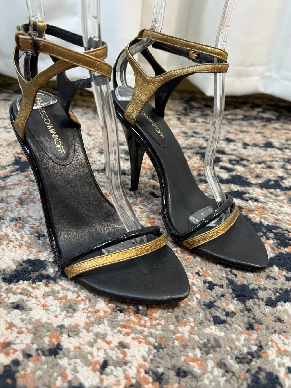 Rebecca Minkoff Black & Metallic Gold Leather Strappy Heeled Sandal Stiletto 7.5